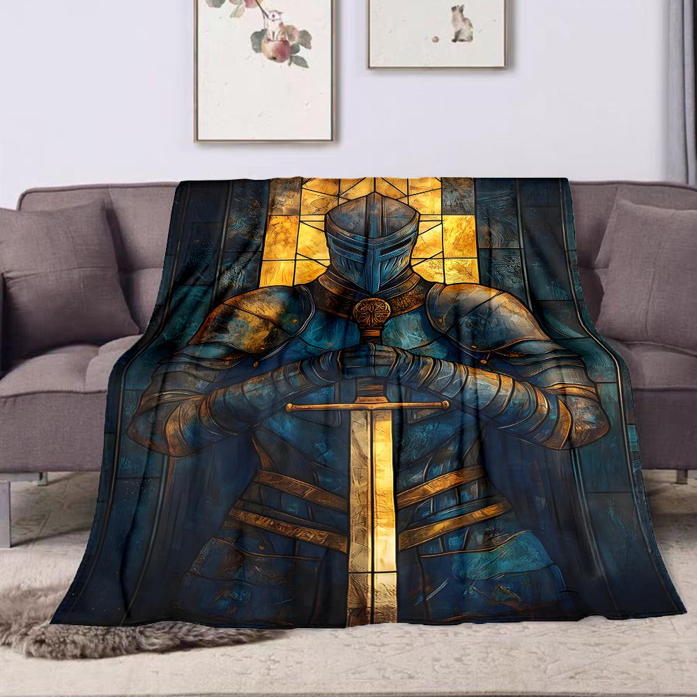 1PC Knight in blue armor holding sword printed blanket all seasons multi-purpose blanket suitable for sofa, camping, travel, car