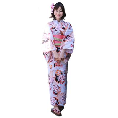 Юката Ретро Цветы вишни и снежные кольца на белом Tokimeki Koi Yukata 3 шт Белый [Блестящий предмет] Женский комплект, Фон, Комплект,