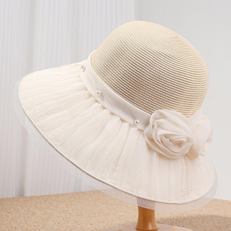 Hepburn style straw hat women's summer pearl flower decoration big brim sun hat elegant temperament top hat beach sun hat