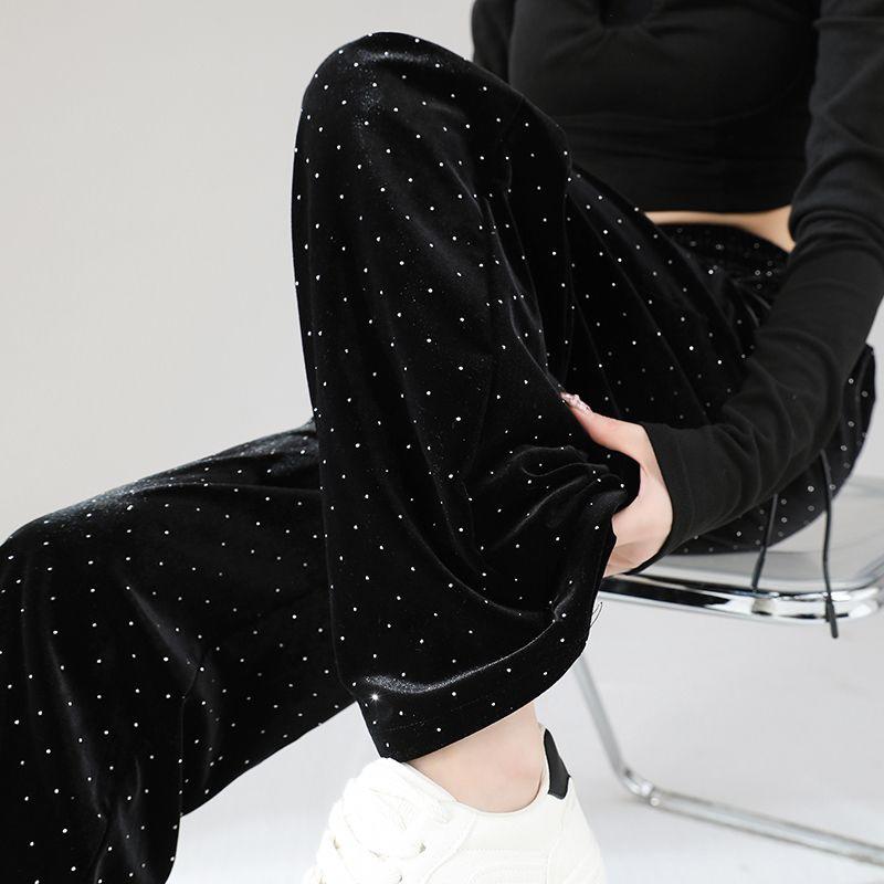 Women's Black Gold Velvet Rhinestone Wide Leg High Waist Fashion Pants