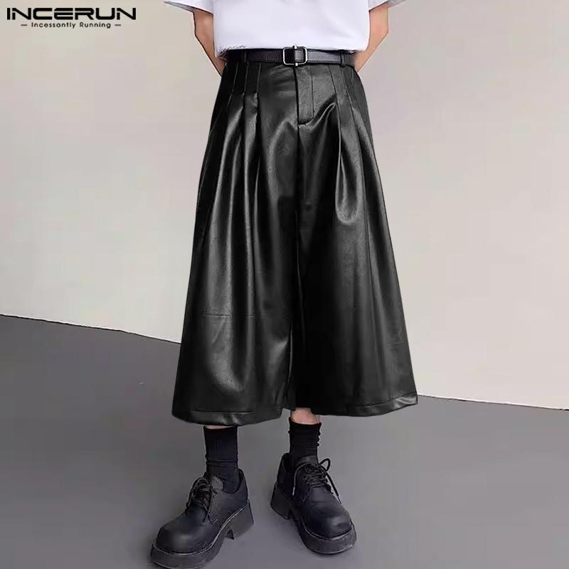 INCERUN Мужские брюки с высокой талией, однотонные, из искусственной кожи, свободные, укороченные, с широкими штанинами