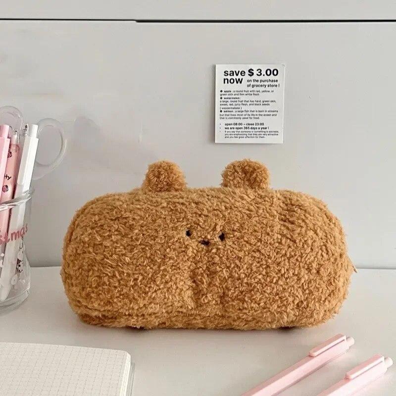 Зимний плюшевый пенал, модный кавайный мультяшный животный пенал, большая вместительная сумка для хранения канцелярских принадлежностей, милый органайзер для скрапбукинга