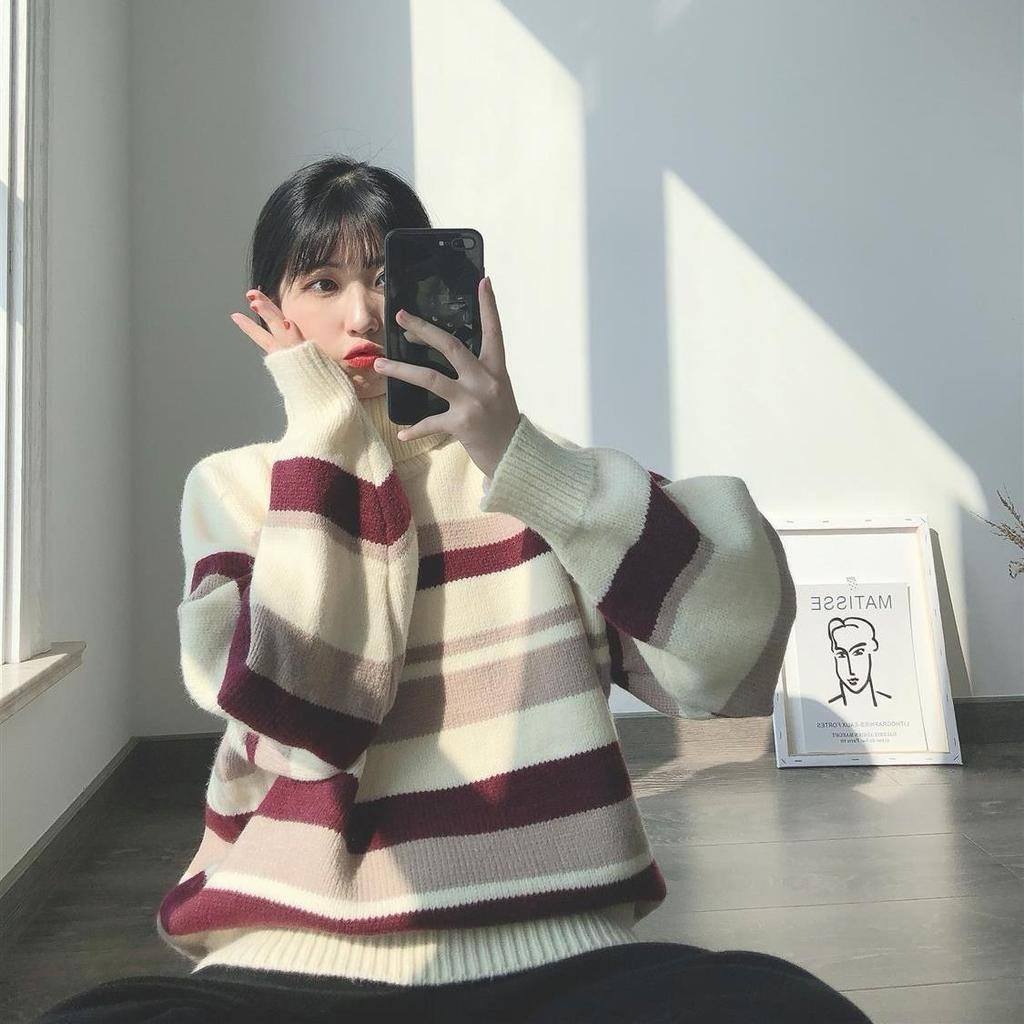 Autumn Winter High Collar Women's Sweater New Loose Pullover Sweaters Warm Stripe Vintage Sweater