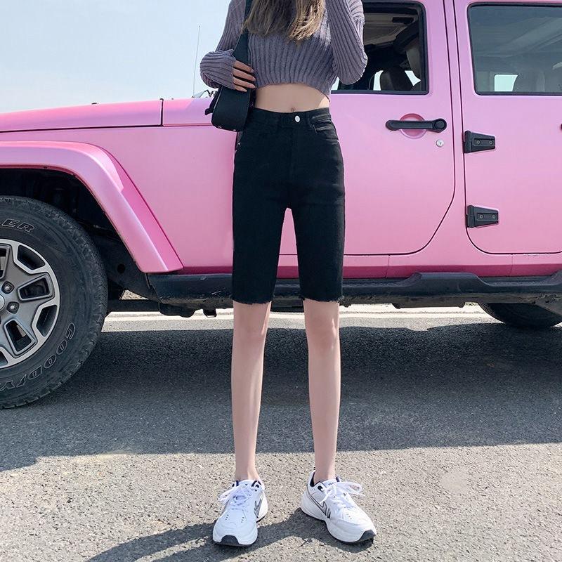 Шорты из эластичного денима с высокой талией, женские, лето 2025, новые, средней длины, облегающие, узкие, утягивающие, верхняя одежда, штаны для велоспорта с пятью точками, низ