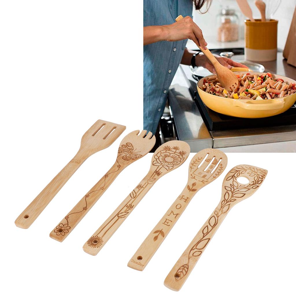 5Pcs Set Shovel Spatula Spoon Kit Carving Bamboo Cooking Utensils Cookware Kitchen Supply
