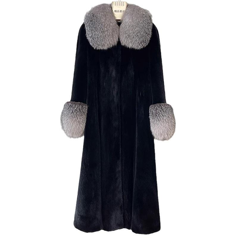 Women's New Fox Fur Collar Long Velvet Mink Coat Women's Whole Mink Fur Coat Casual and Warm