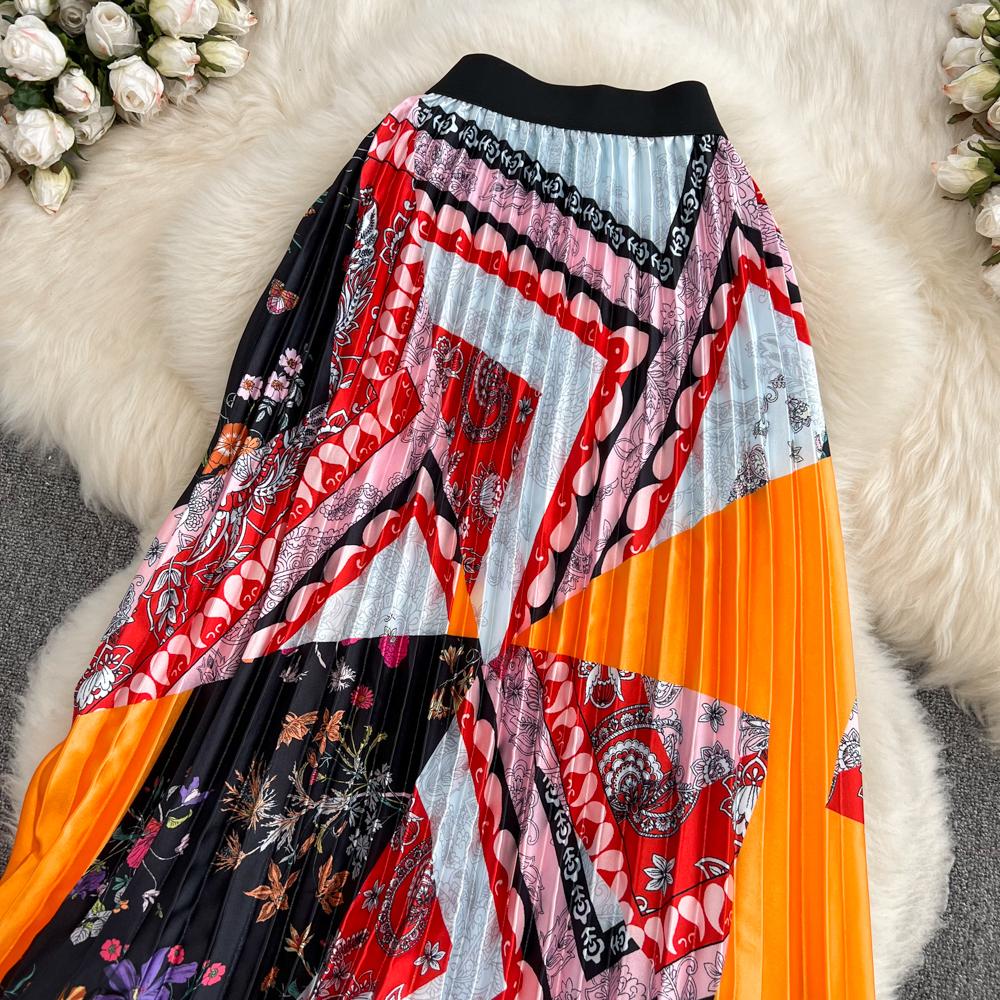 Летняя тонкая юбка средней длины выше колена с высокой талией и принтом, плиссированная юбка-трапеция с эластичной резинкой на талии, распашная юбка