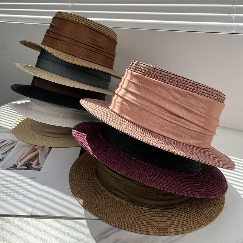 French pleated flat top straw hat women's spring summer seaside vacation straw hat sunshade sunscreen fashion travel flat top hat