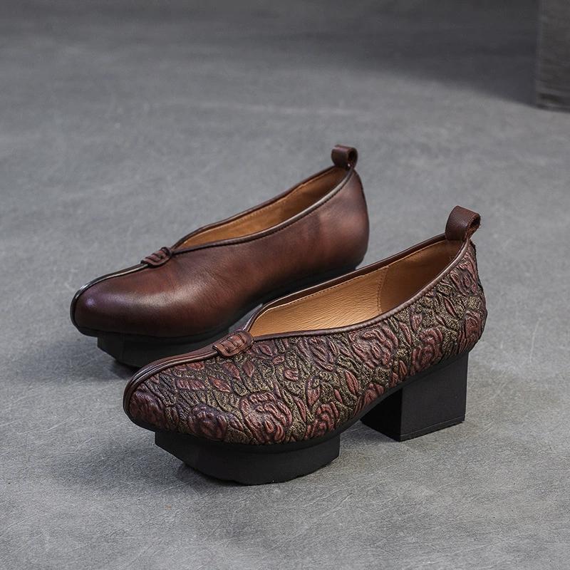 Мода GKTINOO Весна Осень Этнический Стиль Круглый Носок Высокий Каблук Туфли для Мамы Кожаная Платформа Ретро Натуральная Кожа Лодочки Женская Обувь