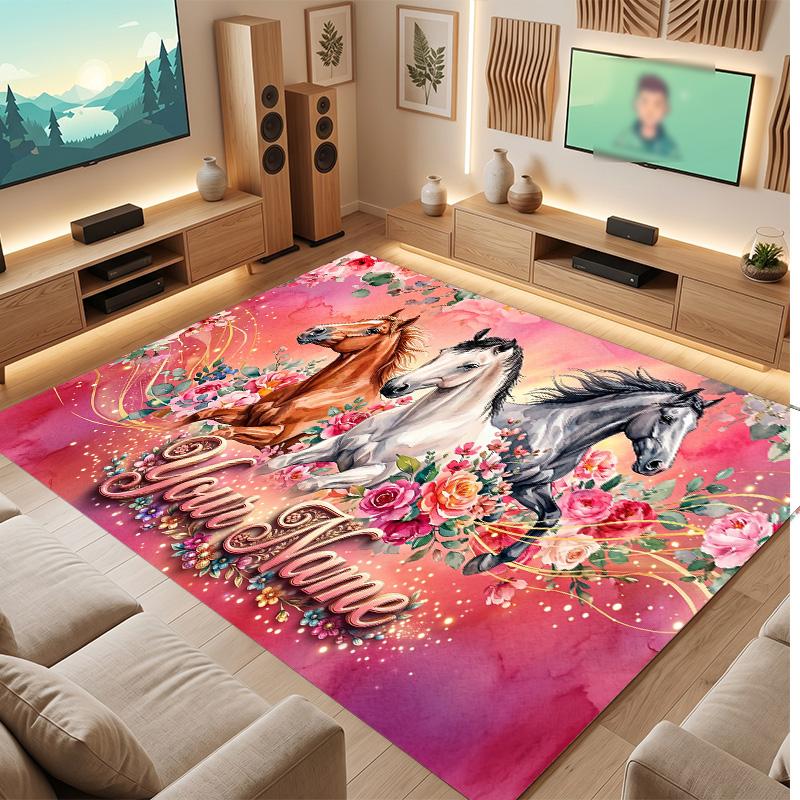 Horse Theme Soft Crystal Velvet Rug Custom Name & Text Print Non Slip Floor Rug for Bedroom Living Room