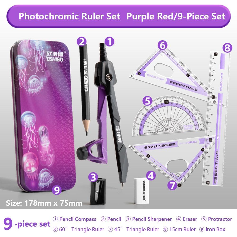 9PCS/Set Propelling Pencil Stationery Ruler Set Plastic Measuring Ruler Protractor Students