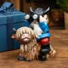 Waterproof Outdoor Resin Sculpture Solar Garden Gnome Statue, Sitting On Highland Cow, Powered Artistic Crafts Binocular Light, Ornament for