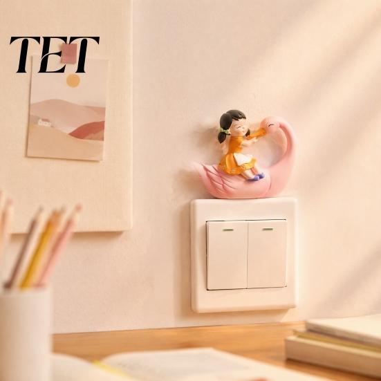 Desktop Ornament Decor 3D Resin Switch Stickers, Wall Fairy Tale Girl on Swan Decor, Bedroom Decoration Peel & Stick Light Sticker for Kids