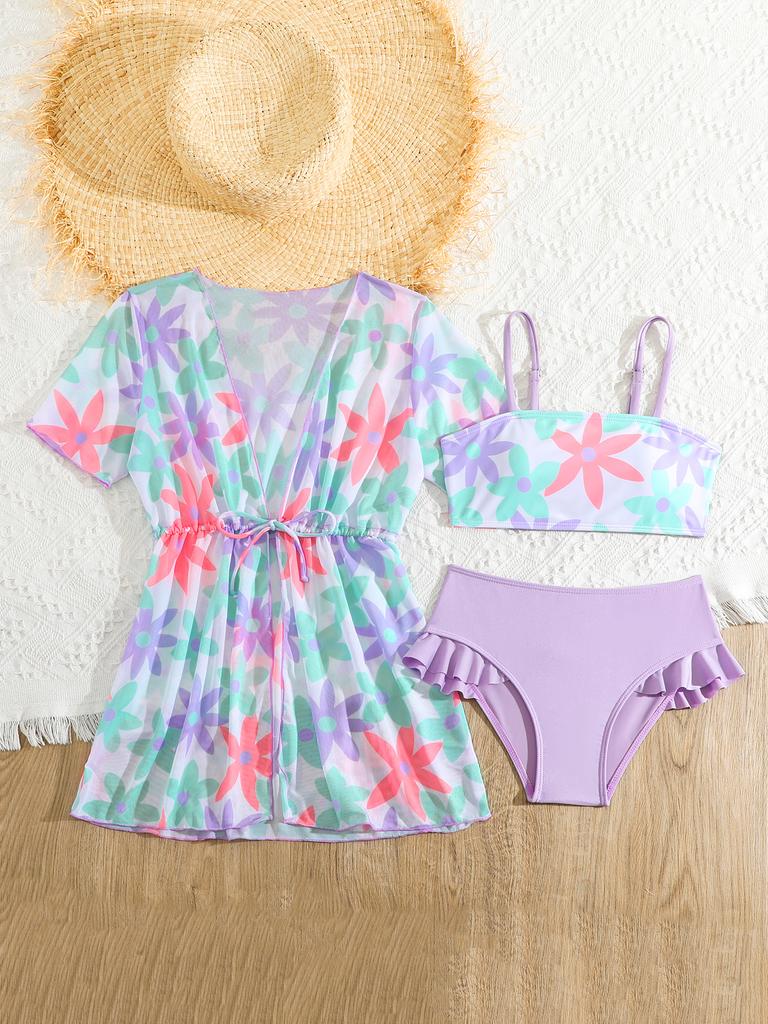 Модный комплект из 3 предметов для девочек, топ с цветочным принтом, однотонный купальник с короткими рукавами, купальный костюм