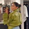 Fashionable Design Green Faux Leather Jacket 2026 Fall Casual Style Women