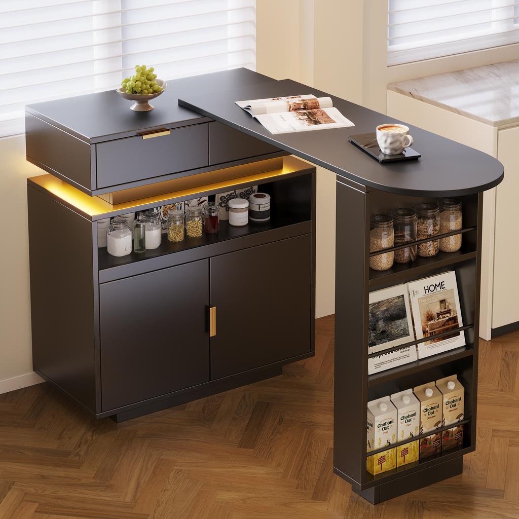 Extendable Bar Table (115-183 × 40 × 99 cm), Kitchen Island with Storage, LED Lighting, 360 degrees Rotation, Coffee Bar, for Kitchen and Dining Room