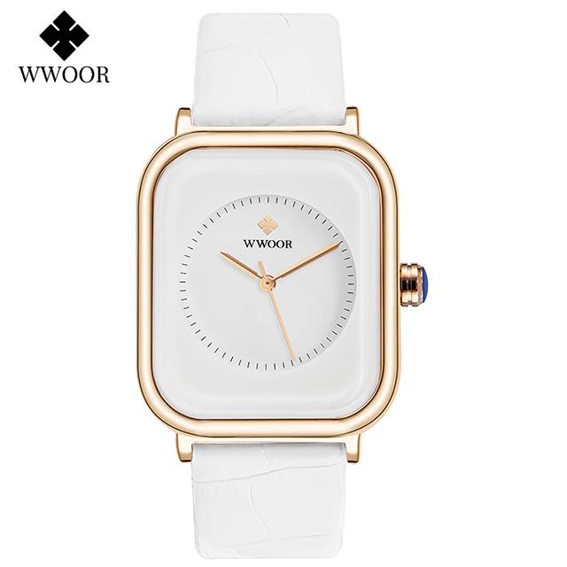 WWOOR Women Leather Strap Red Square Watch Simple Ladies Big Watches Top Brand Luxury Leather Waterproof Wrist Watch Reloj Mujer