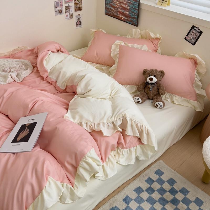 Ins Princess Bedding Set 2024 New Duvet Cover Fresh Blue Solid Color Floral Wrinkled Yann Bed Set Of Four Pieces Bed Sheets