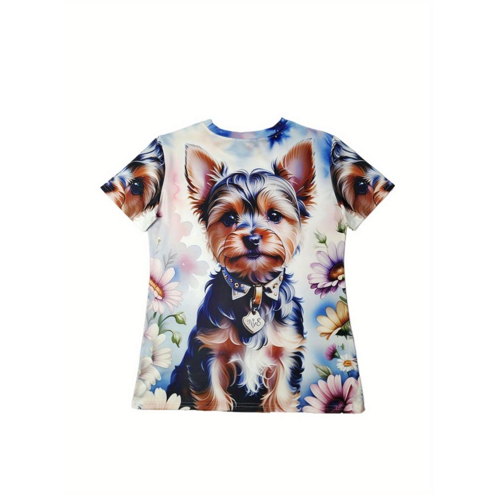 Pastel Floral Puppy Women's Tee Cute Yorkie Graphic, Sweet Pet Print Design for Casual Daily Wear