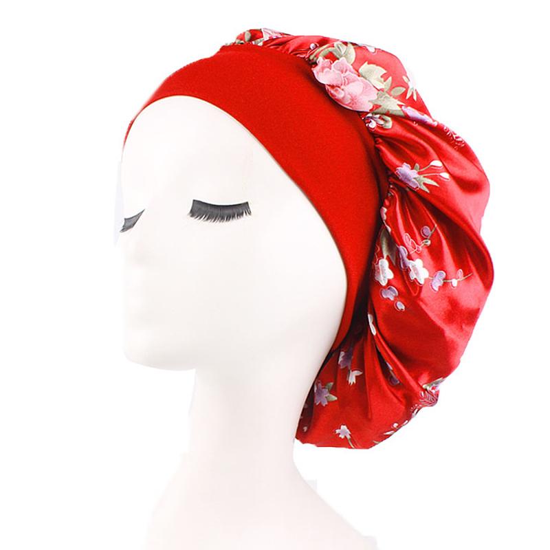 Floral Print Nightcap Women Satin Night Sleep Satin Hair Bonnet Silk Head Cover Wide Elastic Band
