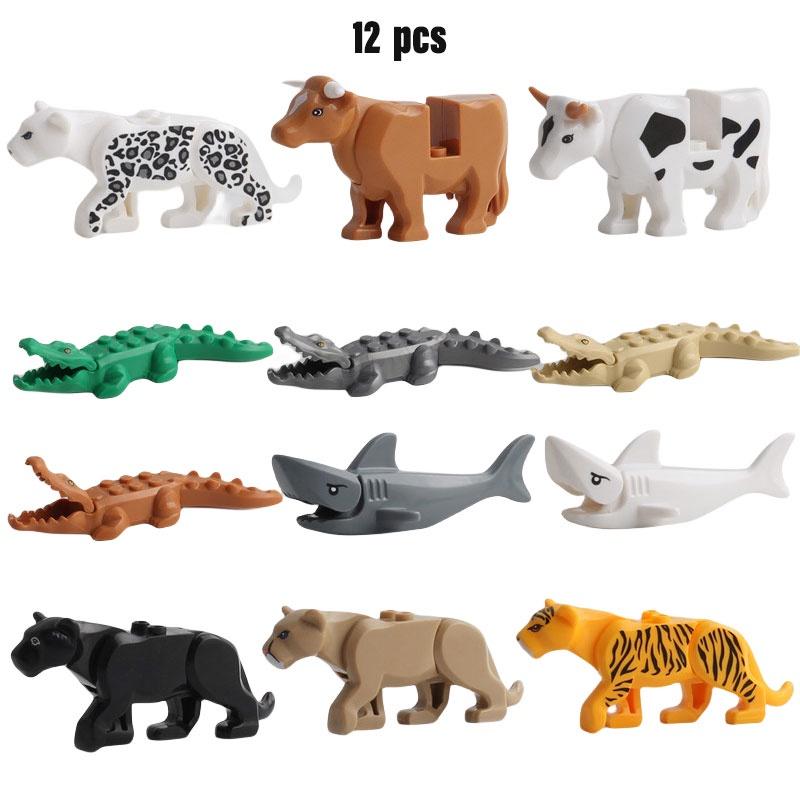 Kids' Puzzle Building Blocks Toy Set Mini Leopard Crocodile And Shark Animal Models 12 Pieces