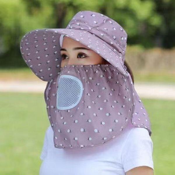 Summer sun hat women's sun protection face covering shawl hat riding face protection big eaves hat mask tea picking hat small cherry can be folded