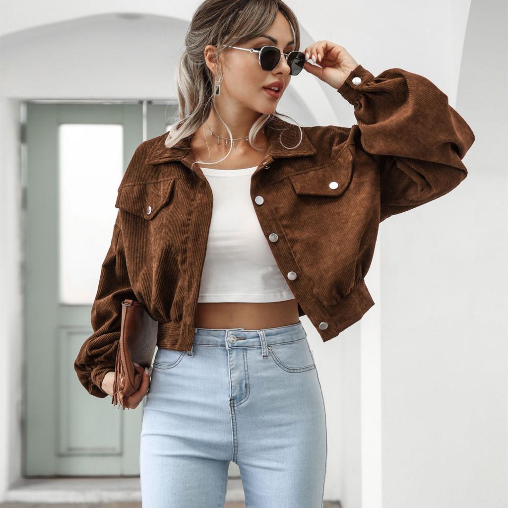 QICED Женские винтажные повседневные однотонные куртки и пальто с воротником-поло с длинными рукавами и осенне-зимним принтом