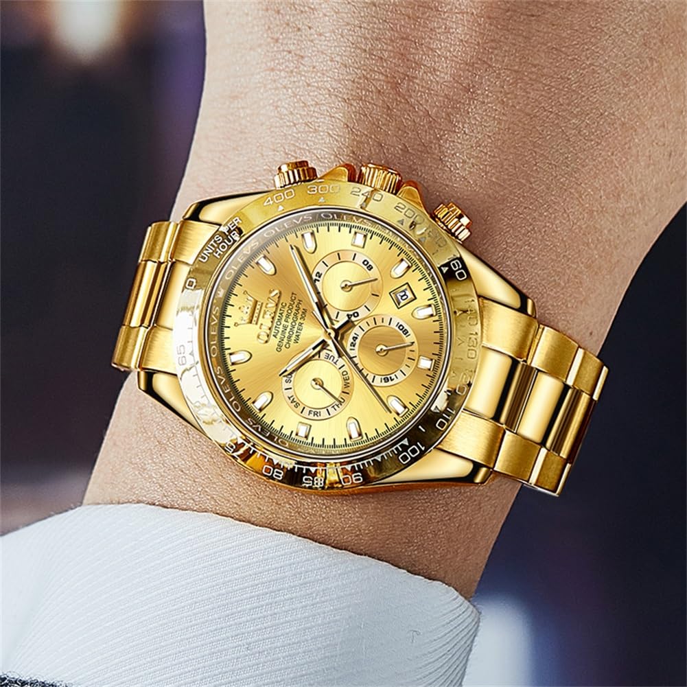 Часы OLEVS, золотые механические наручные часы, популярные часы с автоматическим заводом, золотой ремень, водонепроницаемость 3 АТМ, светящийся календарь, дата, скелетон, мода, роскошь