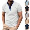 Men's Solid Color Stripe Casual Button V-neck Slim Fit Short Sleeved T-shirt