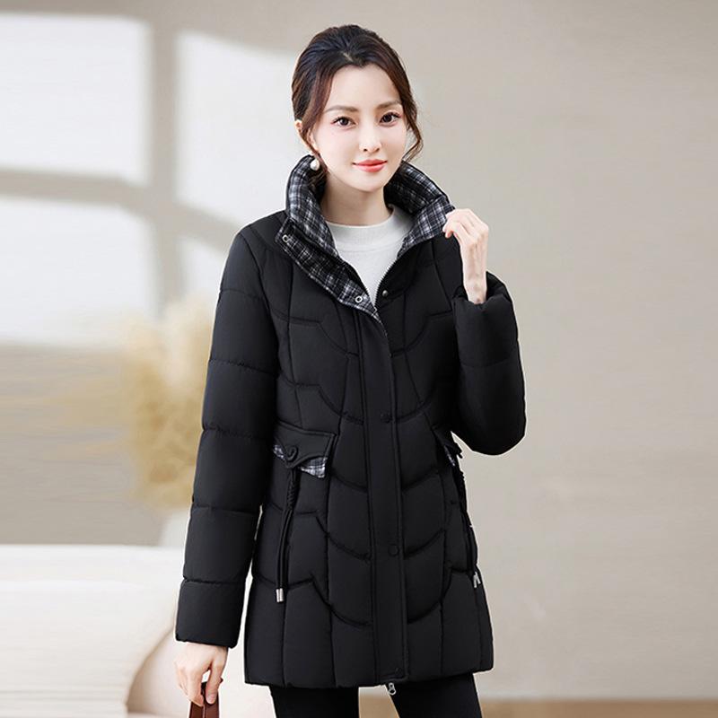 Winter new plaid thickened thermal stand-up neck cotton-padded coat women's medium and long middle-aged and elderly mother cotton-padded jacket
