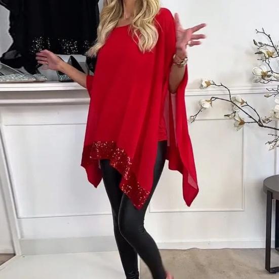 Женские топы с пайетками и нерегулярным дизайном, свободные шаль-пуловеры, топы с круглым вырезом и рукавами «летучая мышь»