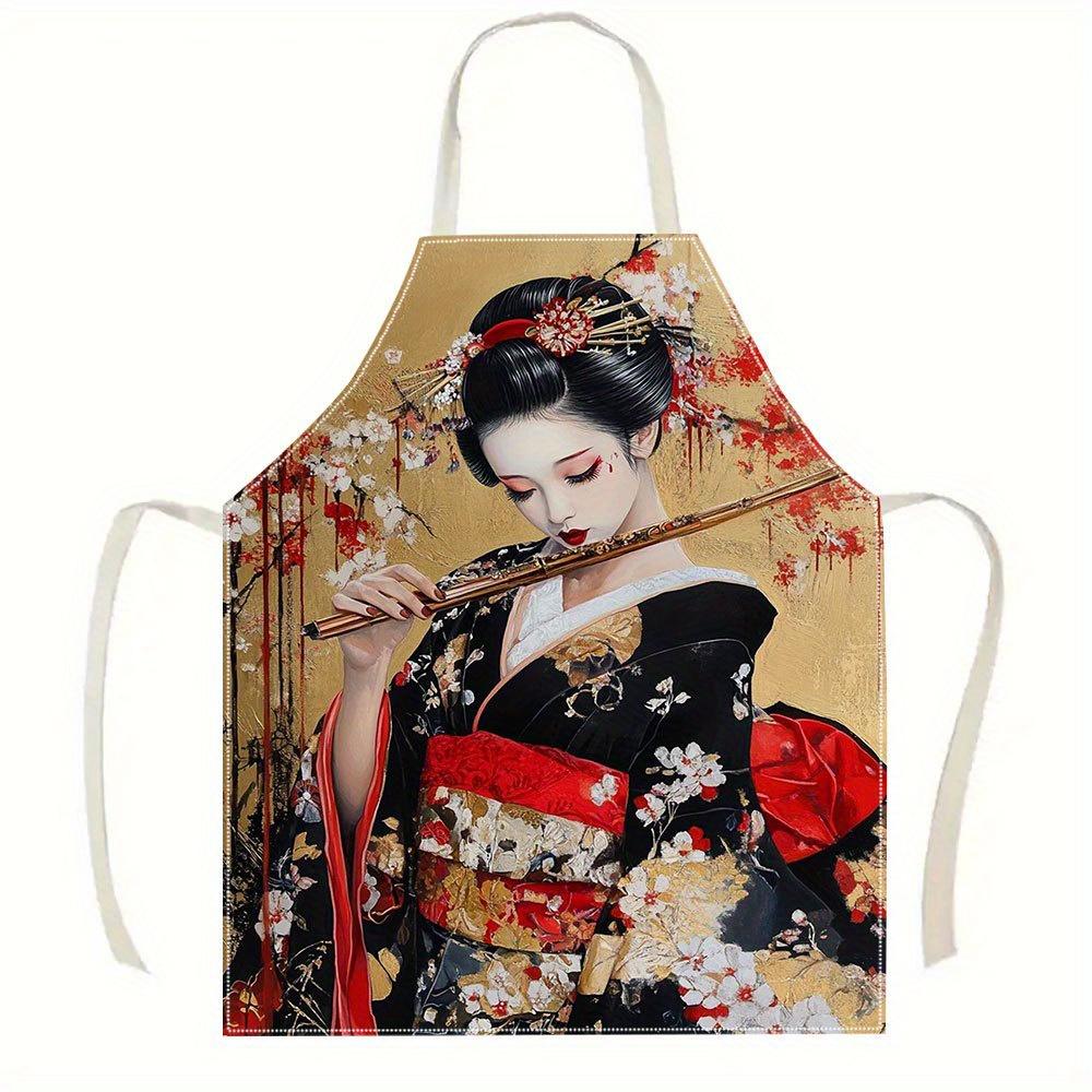 1pc Japanese Geisha Apron Kimono Art Print Kitchen Cooking Baking Waterproof Chef Bib Gift for Women Asian Culture Lover