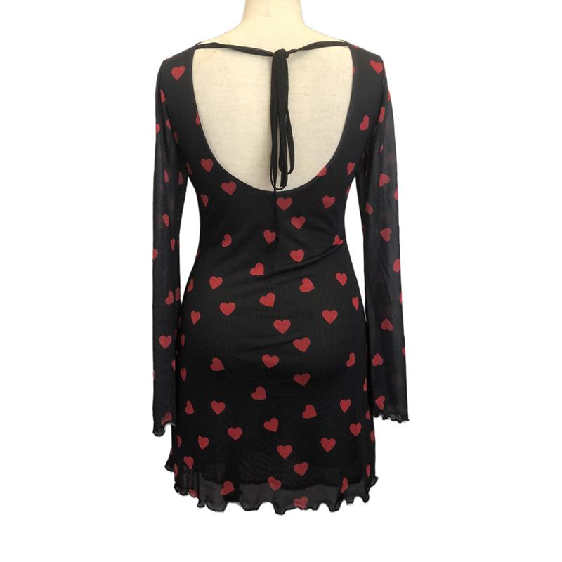 Женское вечернее платье с рукавами-клеш, круглым вырезом, бандажной спинкой, без спинки, из сетки, с принтом в виде сердечек, облегающее бедра, цельное