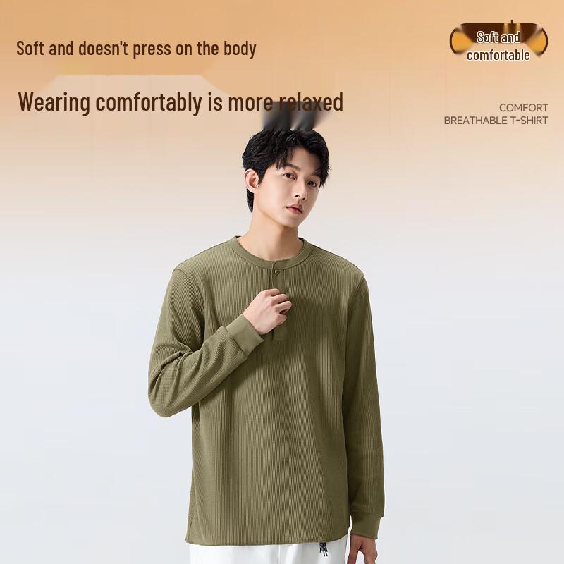 MINISO Men's Waffle Knit Henley Long Sleeve T-Shirt