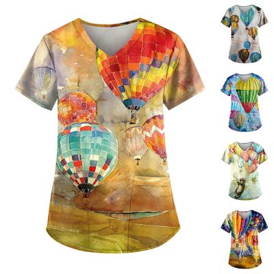 Женские топы с короткими рукавами и v-образным вырезом с принтом, рабочая блузка с карманами