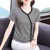 Полосатая футболка с коротким рукавом и V-образным вырезом на кулиске, летняя женская новая повседневная блузка большого размера