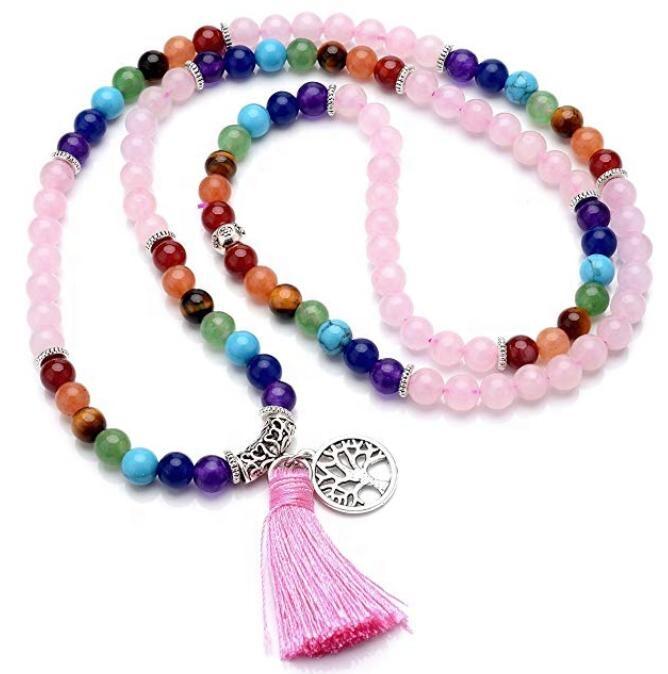 Natural Rose Quartz Prayer 6mm Beads 108 Mala Meditation Healing 7 Chakra Tree of Life Tassel Beaded Bracelets Necklace