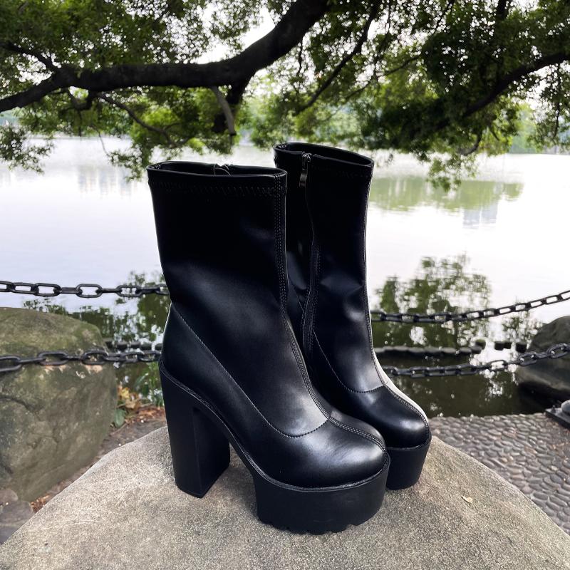 Ботинки на массивном носке на высоком каблуке, женские туфли на платформе, в готическом стиле, черные, из искусственной кожи с боковой молнией, женские модельные туфли, ботинки до середины икры для ночного клуба, белые