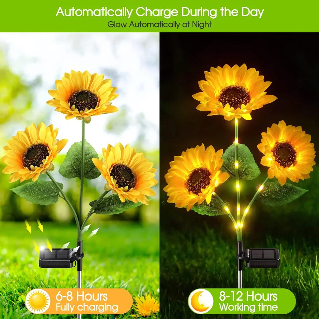 1/3Head LED Solar Sunflower Outdoor Lawn Light IP65 Waterproof Pathway Yard Wedding Holiday Garden Decoration Solar Flowers Lamp