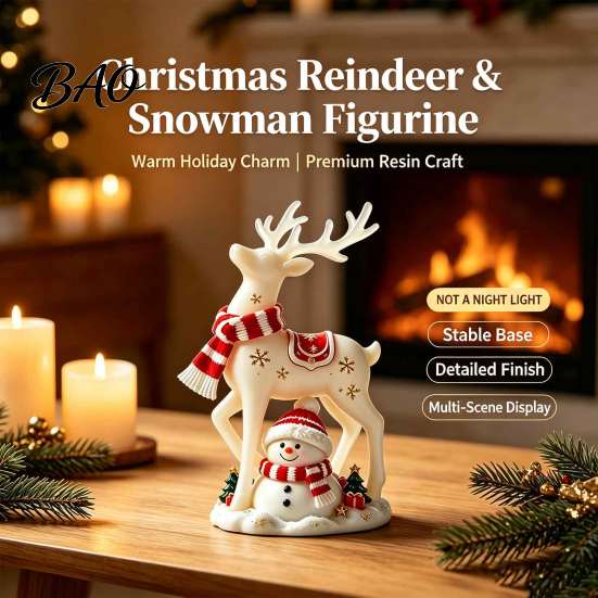 Charming Winter Table Decor Christmas Reindeer Snowman Resin Figurine, White Deer Statue with Red Scarf, Gift for Friends Holiday Tabletop Fireplace