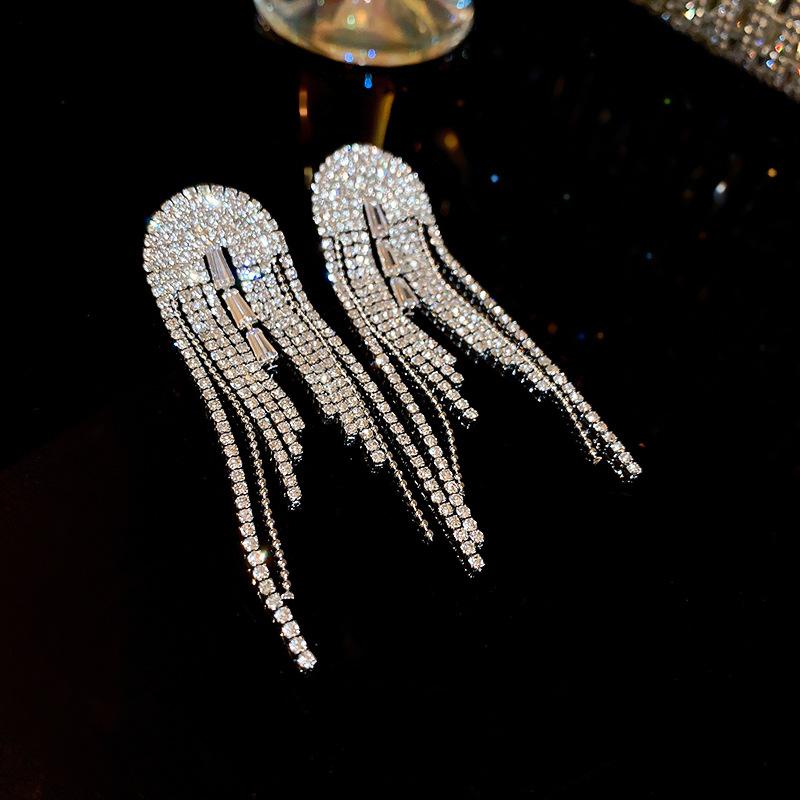 European and American Silver Needle Zircon Fringed Earrings Light Luxury High-end Atmospheric Earrings Niche Earrings Women