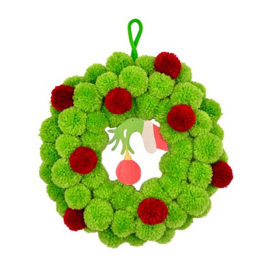 13 Inch Christmas Green Elf Wreath for Front Door Plush Pompom Ball Wreath with Wooden Elf Hand for Winter Wall Window Fireplace Door Tree Decor