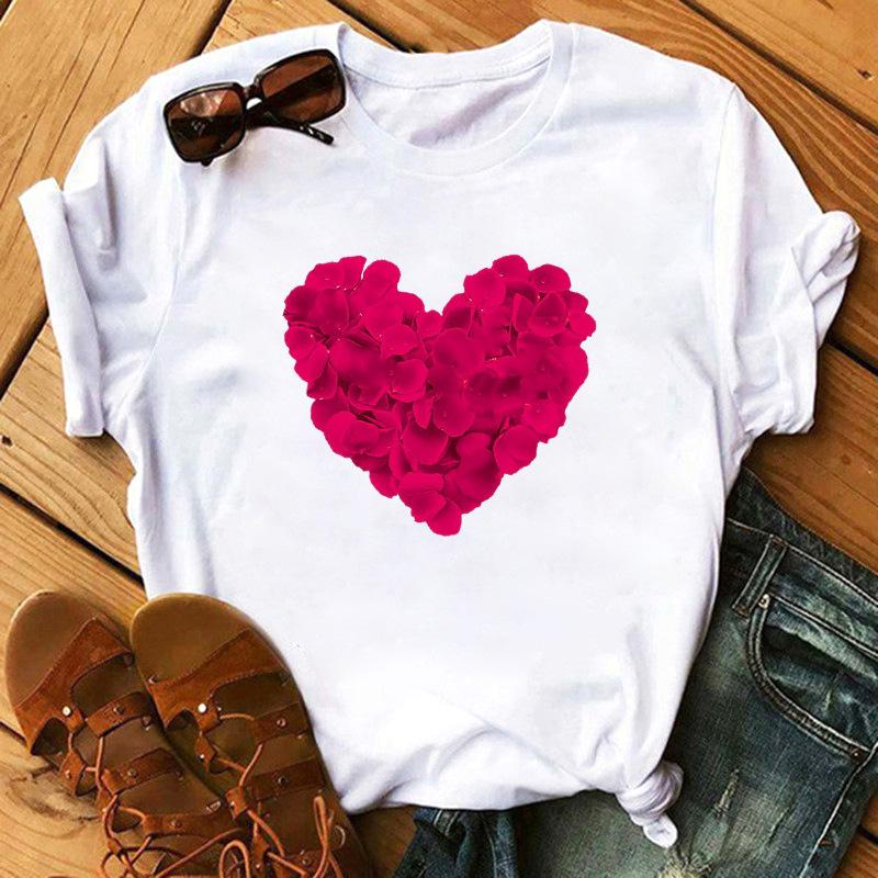 Love Flower Half Sleeve Cartoon White Letter Tshirt Women Wholesale Round Neck Tshirt Women Oversized T Shirt