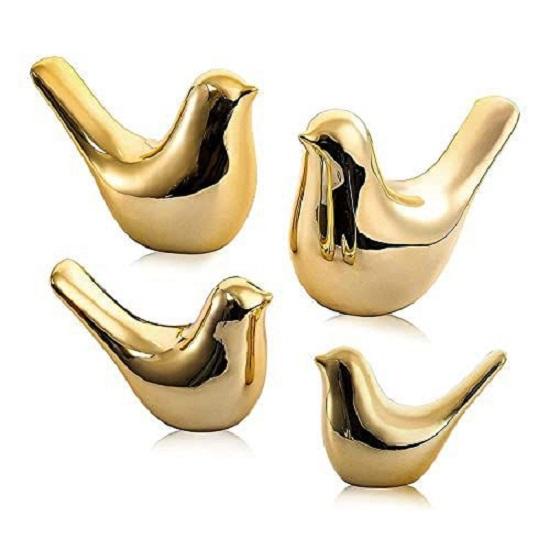 Ceramic Golden Blessing Birds Figurine for Home Decor | Living Room, Bedroom, Office Desk, Cabinets - (Pack of 4, Golden)