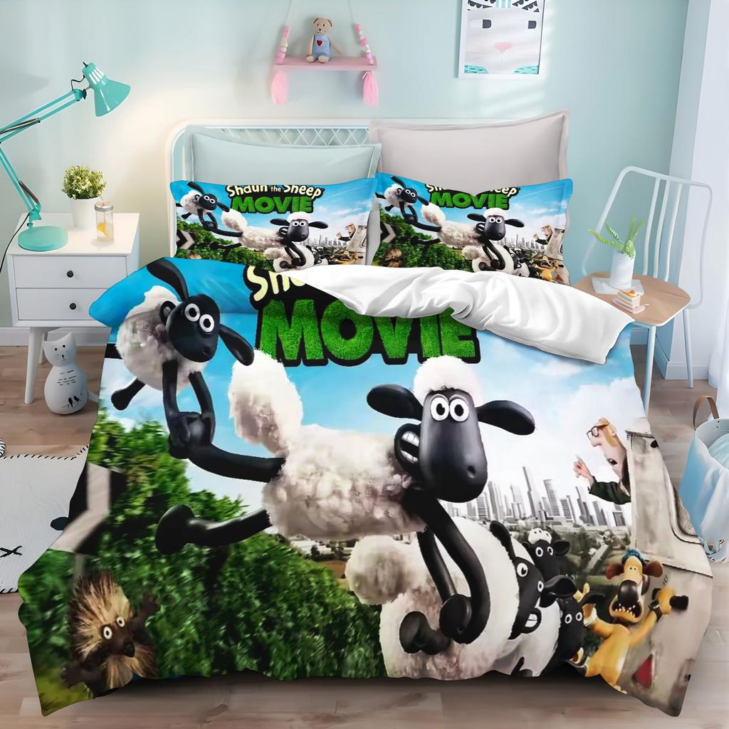 3‑Piece Shaun The Sheep Bedding Set Cartoon Sheep Group Grassland Scenery Print Duvet Cover Pillowcase Kids Bedroom Home