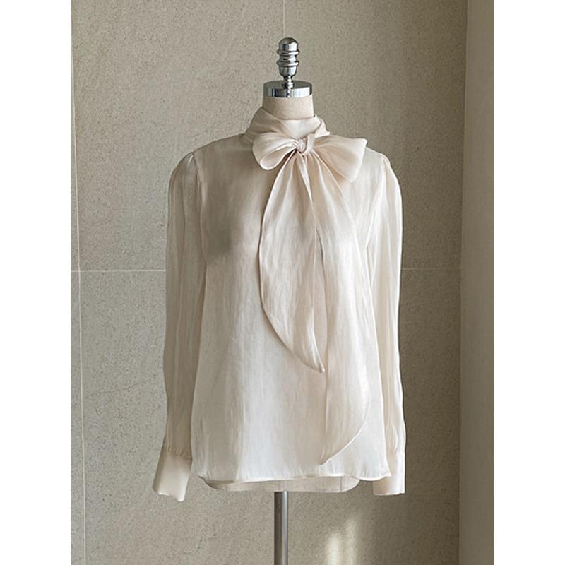 Korean Fashion Ribbon Satin Bow Tie Collar Women Shirt Spring Autumn Long Sleeved Top Office Elegant Loose Casual Simple Blouse Female Clothes 3143