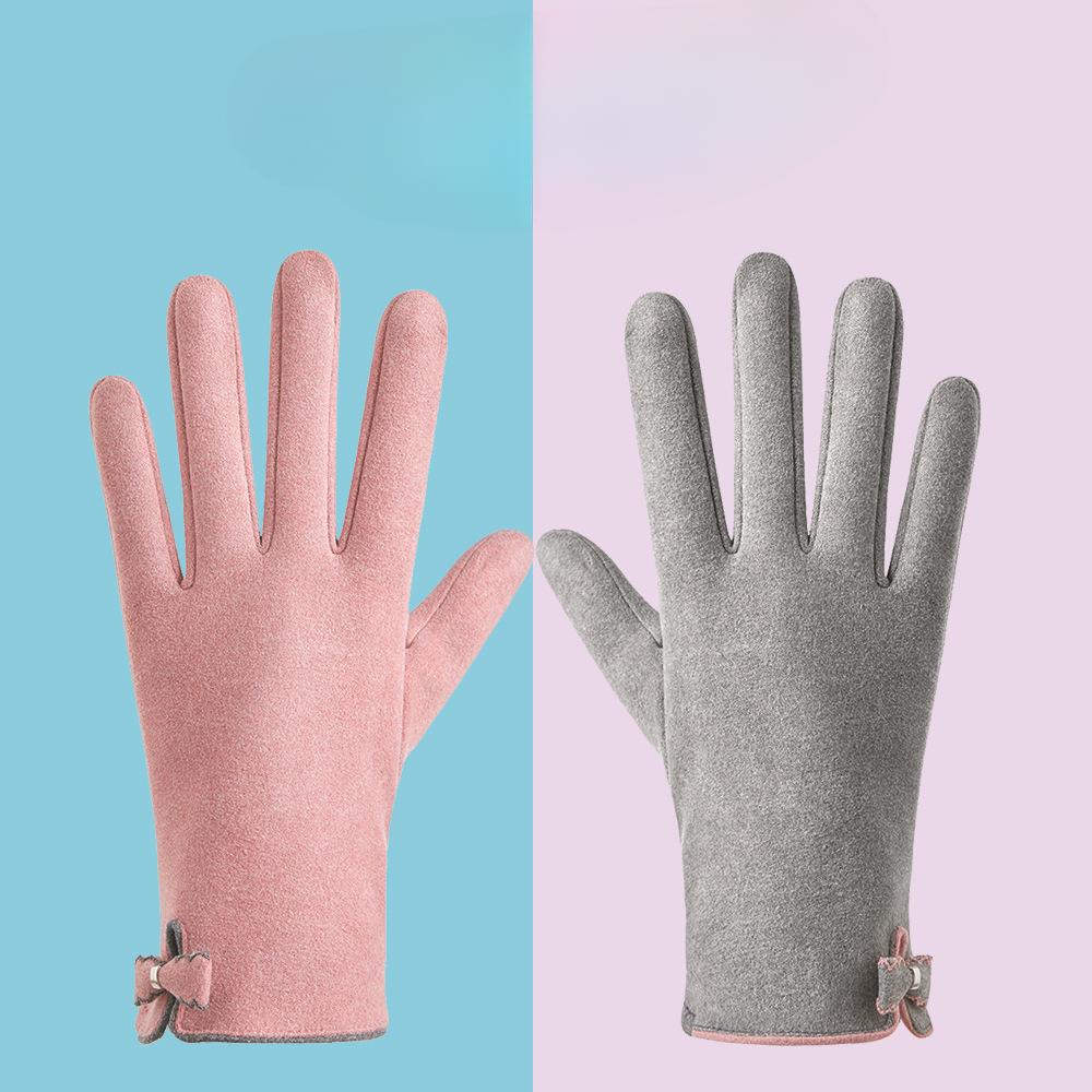 Теплые перчатки для осени и зимы, женские милые с бантом, с утолщенным немецким вельветом и плюшем, ветрозащитные перчатки с сенсорным экраном для электромобиля