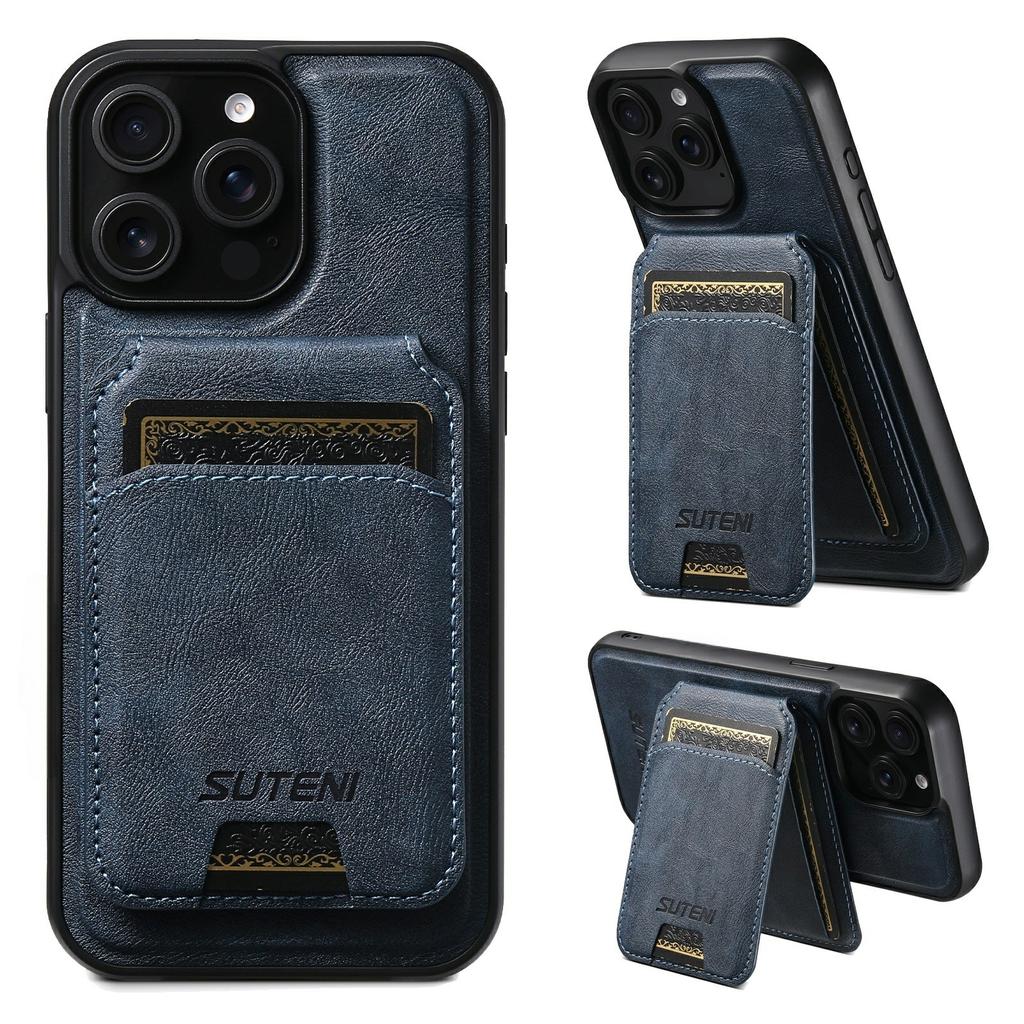 SUTENI M5 For iPhone 15 Pro Max Magnetic Case with Card Bag Cowhide Texture Leather Phone Back Cover