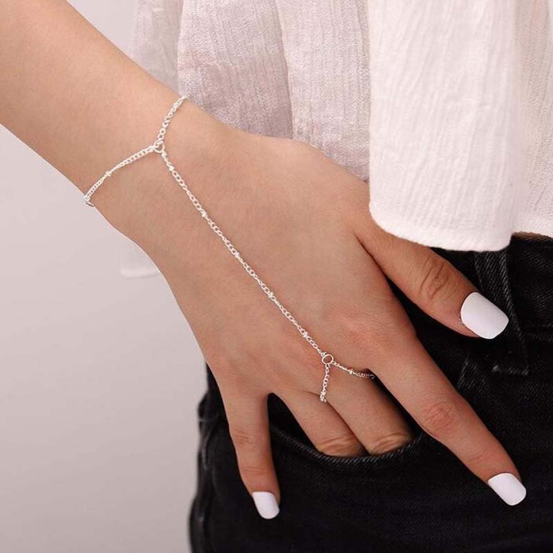 Elegant Tiny Chain Bracelet Finger Ring for Women Fashion Gold Color Metal Link Chains Connecting Hand Harness Bracelets Zircon