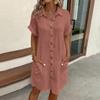 Women'S Fashion Summer Minimalist V-Neck Button Up Dress Woman Cotton Linen White Short Sleeved Pocket Casual Loose Shirt Dress